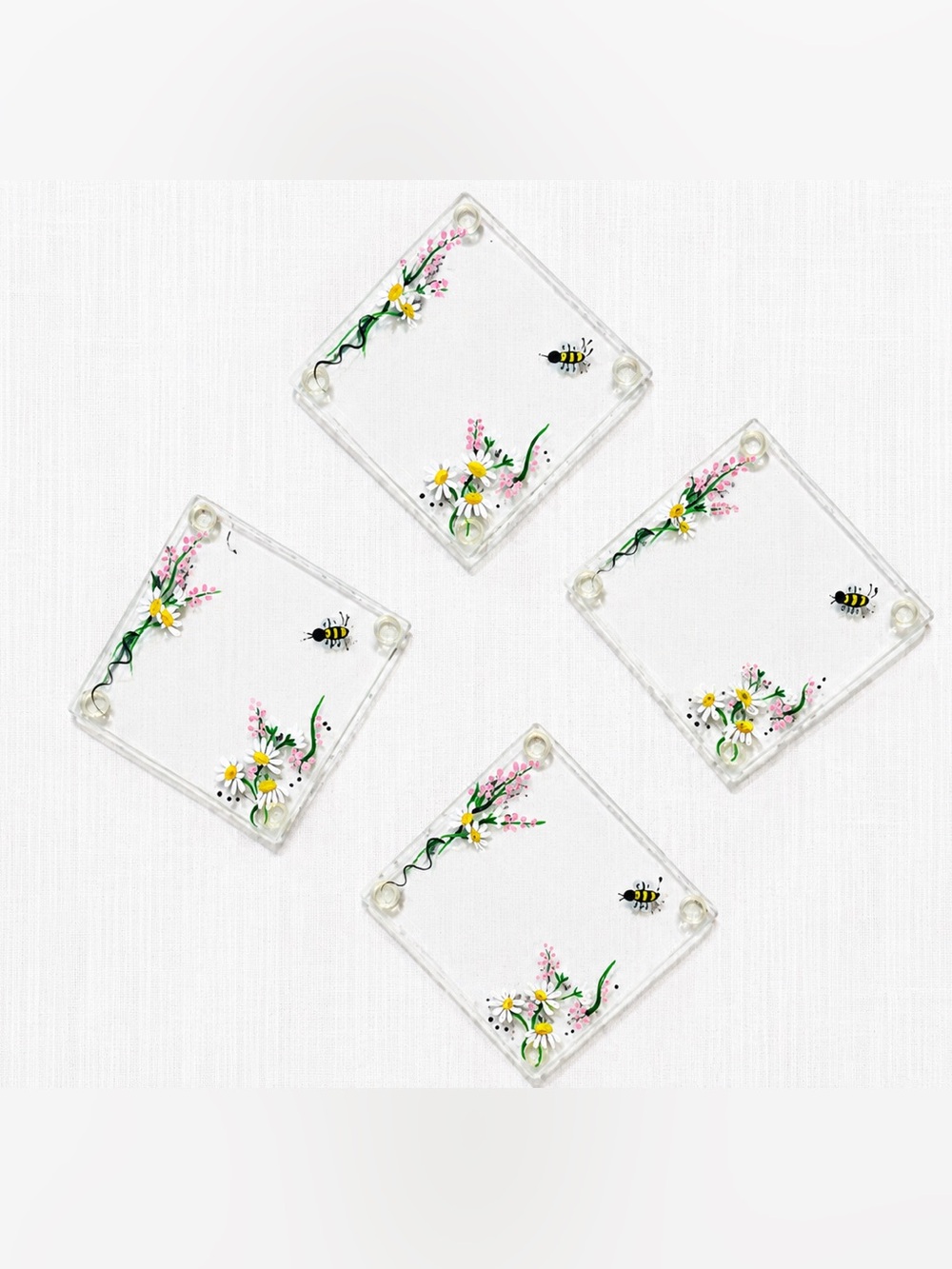 Hand-Painted Floral & Bee Acrylic Coasters - Set of 4